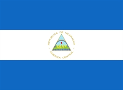 [ai] The flag of Nicaragua featuring three horizontal stripes: blue at the top and bottom, and white in the center. A coat of arms is centered on the white stripe, depicting a triangular emblem with a volcano, sun, and rainbow.